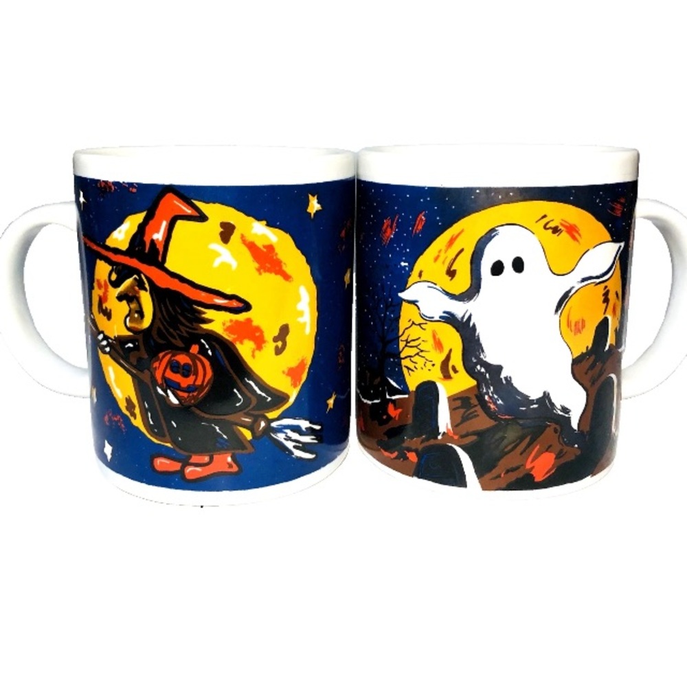Vintage 1994 Gibson Halloween Mugs Flying Witch and Graveyard Ghost